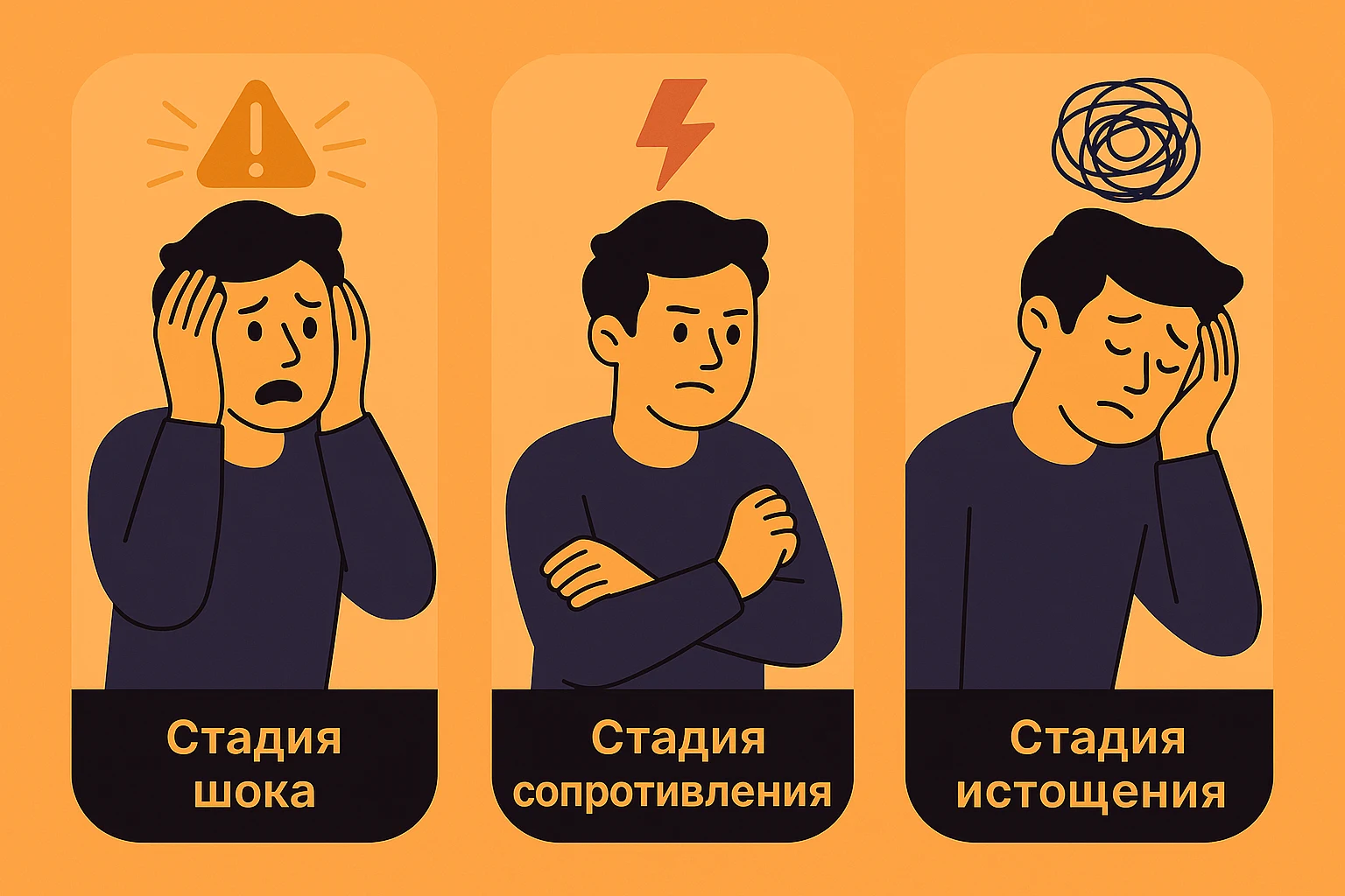Иллюстрация стадий стресса: тревога, сопротивление, истощение в офисной среде