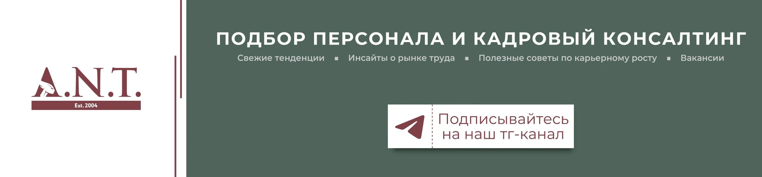 Баннер Telegram-канала A.N.T. — всё о рынке труда, рекрутинге и карьерных возможностях